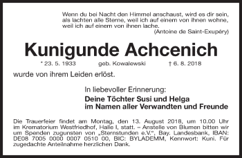 Traueranzeige von Kunigunde Achcenich von Gesamtausgabe Nürnberger Nachrichten/ Nürnberger Ztg.