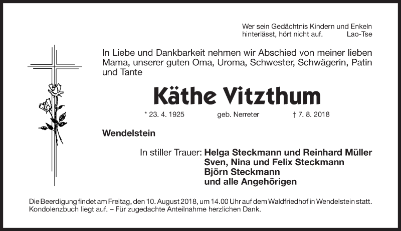  Traueranzeige für Käthe Vitzthum vom 09.08.2018 aus Gesamtausgabe Nürnberger Nachrichten/ Nürnberger Ztg.