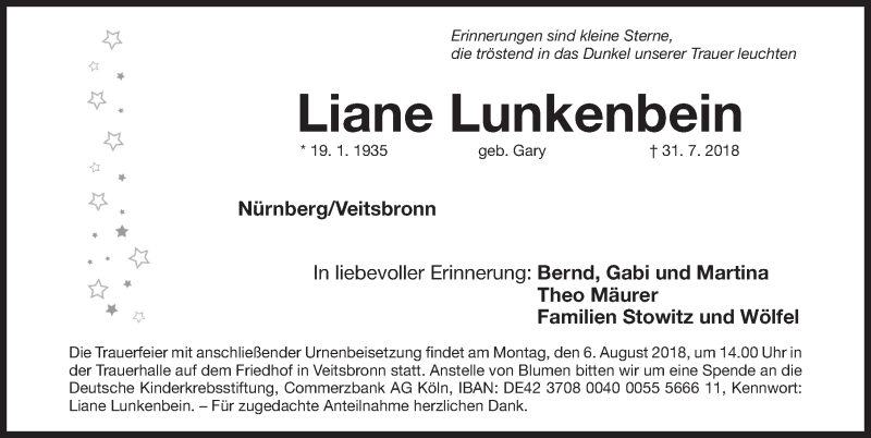  Traueranzeige für Liane Lunkenbein vom 02.08.2018 aus Gesamtausgabe Nürnberger Nachrichten/ Nürnberger Ztg./ Fürther Nachrichten