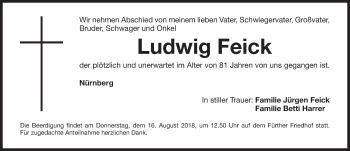 Traueranzeige von Ludwig Feick von Gesamtausgabe Nürnberger Nachrichten/ Nürnberger Ztg.