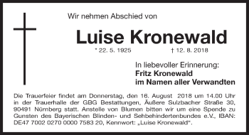 Traueranzeige von Luise Kronewald von Gesamtausgabe Nürnberger Nachrichten/ Nürnberger Ztg.