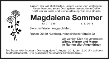 Traueranzeige von Magdalena Sommer von Gesamtausgabe Nürnberger Nachrichten/ Nürnberger Ztg.