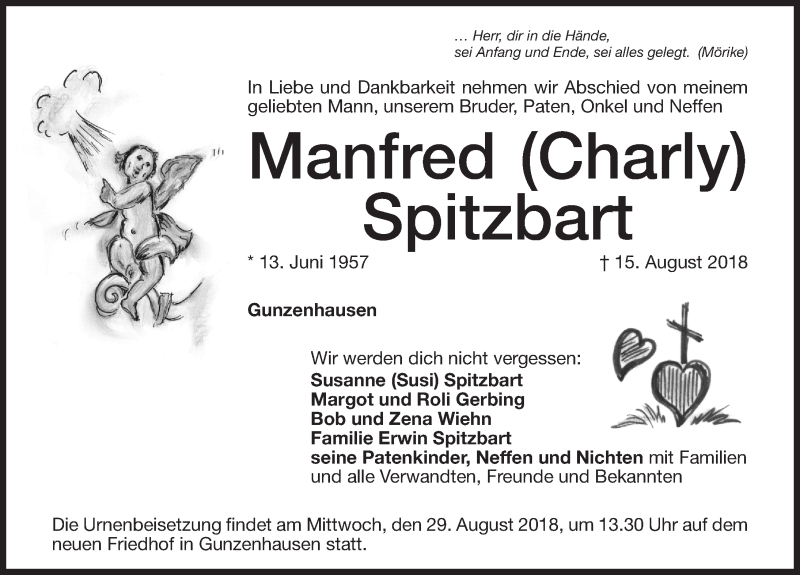  Traueranzeige für Manfred Spitzbart vom 27.08.2018 aus Altmühl-Bote Lokal