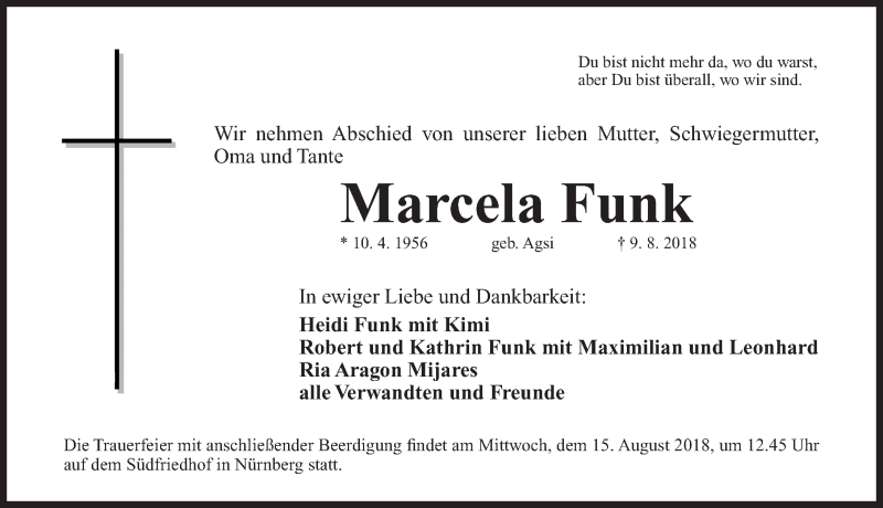  Traueranzeige für Marcela Funk vom 11.08.2018 aus G,HAB