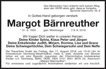 Traueranzeige von Margot Bärnreuther von Gesamtausgabe Nürnberger Nachrichten/ Nürnberger Ztg.