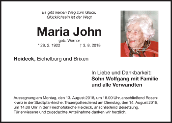 Traueranzeige von Maria John von Roth-Hilpoltsteiner Volkszeitung Lokal