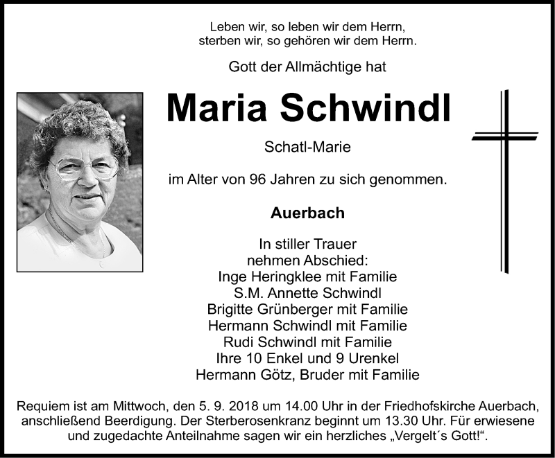  Traueranzeige für Maria Schwindl vom 01.09.2018 aus Nordbayerische Nachrichten Pegnitz Lokal