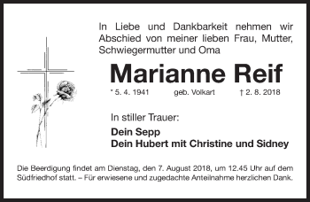 Traueranzeige von Marianne Reif von Gesamtausgabe Nürnberger Nachrichten/ Nürnberger Ztg.