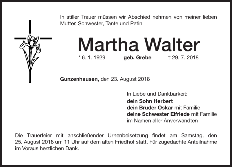  Traueranzeige für Martha Walter vom 23.08.2018 aus Altmühl-Bote Lokal