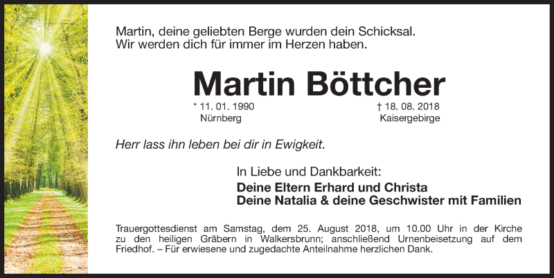  Traueranzeige für Martin Böttcher vom 23.08.2018 aus Gesamtausgabe Nürnberger Nachrichten/ Nürnberger Ztg.