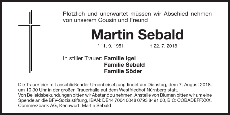  Traueranzeige für Martin Sebald vom 04.08.2018 aus Gesamtausgabe Nürnberger Nachrichten/ Nürnberger Ztg.
