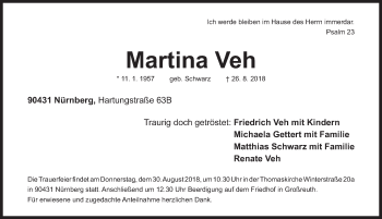 Traueranzeige von Martina Veh von Gesamtausgabe Nürnberger Nachrichten/ Nürnberger Ztg.