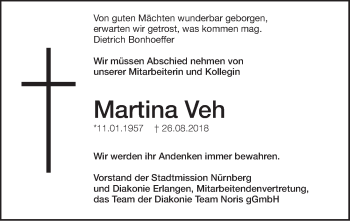 Traueranzeige von Martina Veh von Gesamtausgabe Nürnberger Nachrichten/ Nürnberger Ztg.