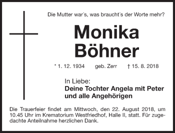 Traueranzeige von Monika Böhner von Gesamtausgabe Nürnberger Nachrichten/ Nürnberger Ztg.