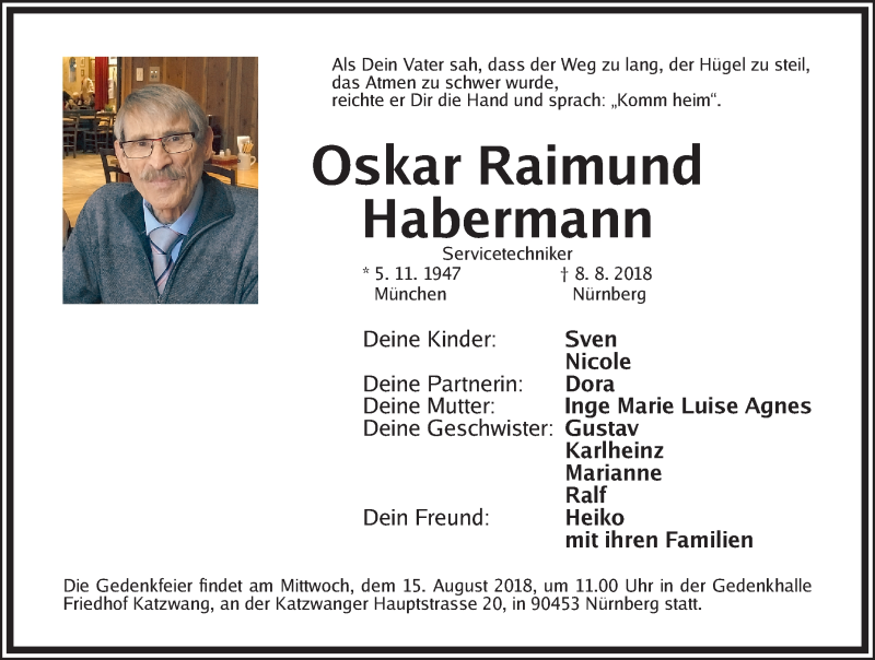  Traueranzeige für Oskar Raimund vom 13.08.2018 aus Gesamtausgabe Nürnberger Nachrichten/ Nürnberger Ztg.