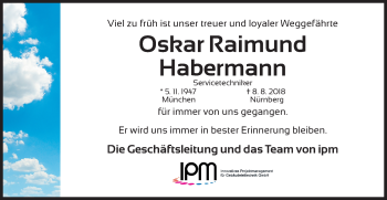 Traueranzeige von Oskar Raimund Habermann von Gesamtausgabe Nürnberger Nachrichten/ Nürnberger Ztg.