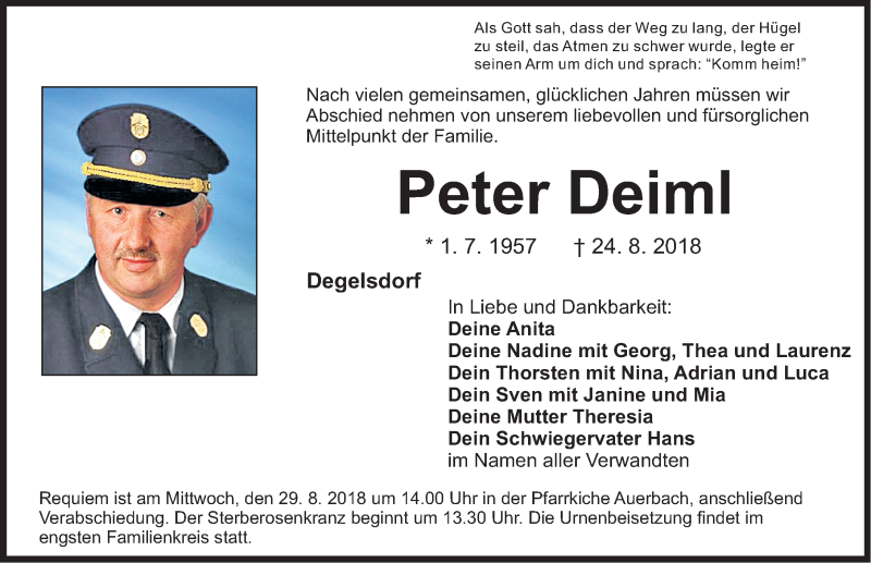  Traueranzeige für Peter Deiml vom 27.08.2018 aus Nordbayerische Nachrichten Pegnitz Lokal