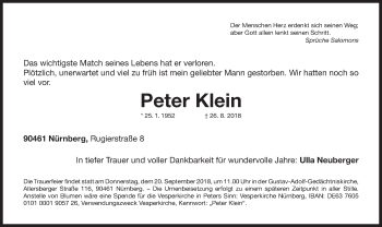 Traueranzeige von Peter Klein von Gesamtausgabe Nürnberger Nachrichten/ Nürnberger Ztg.