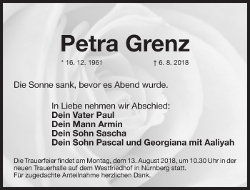 Traueranzeige von Petra Grenz von Gesamtausgabe Nürnberger Nachrichten/ Nürnberger Ztg.