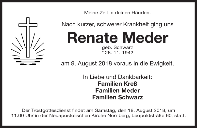  Traueranzeige für Renate Meder vom 11.08.2018 aus Gesamtausgabe Nürnberger Nachrichten/ Nürnberger Ztg.