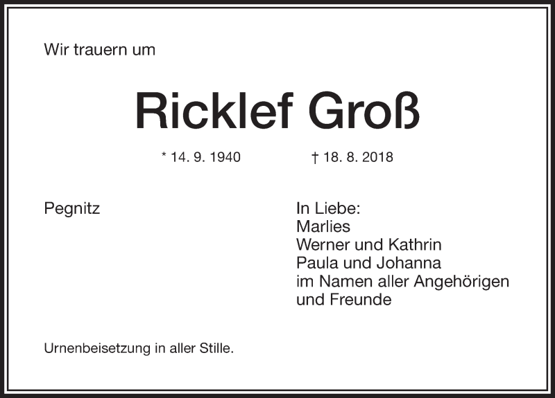  Traueranzeige für Ricklef Groß vom 22.08.2018 aus Nordbayerische Nachrichten Pegnitz Lokal