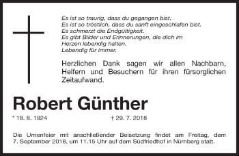 Traueranzeige von Robert Günther von Gesamtausgabe Nürnberger Nachrichten/ Nürnberger Ztg.