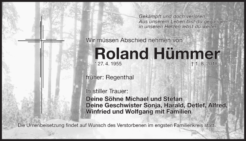  Traueranzeige für Roland Hümmer vom 04.08.2018 aus Nordbayerische Nachrichten Pegnitz Lokal