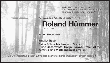 Traueranzeige von Roland Hümmer von Nordbayerische Nachrichten Pegnitz Lokal