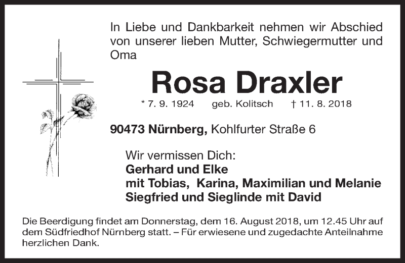  Traueranzeige für Rosa Draxler vom 14.08.2018 aus Gesamtausgabe Nürnberger Nachrichten/ Nürnberger Ztg.