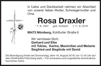 Traueranzeige von Rosa Draxler von Gesamtausgabe Nürnberger Nachrichten/ Nürnberger Ztg.