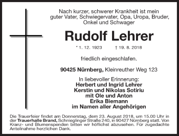 Traueranzeige von Rudolf Lehrer von Gesamtausgabe Nürnberger Nachrichten/ Nürnberger Ztg.