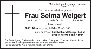 Traueranzeige von Selma Weigert von Gesamtausgabe Nürnberger Nachrichten/ Nürnberger Ztg.
