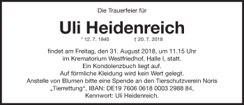 Traueranzeige von Uli Heidenreich von Gesamtausgabe Nürnberger Nachrichten/ Nürnberger Ztg.