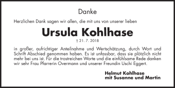 Traueranzeige von Ursula Kohlhase von Gesamtausgabe Nürnberger Nachrichten/ Nürnberger Ztg.