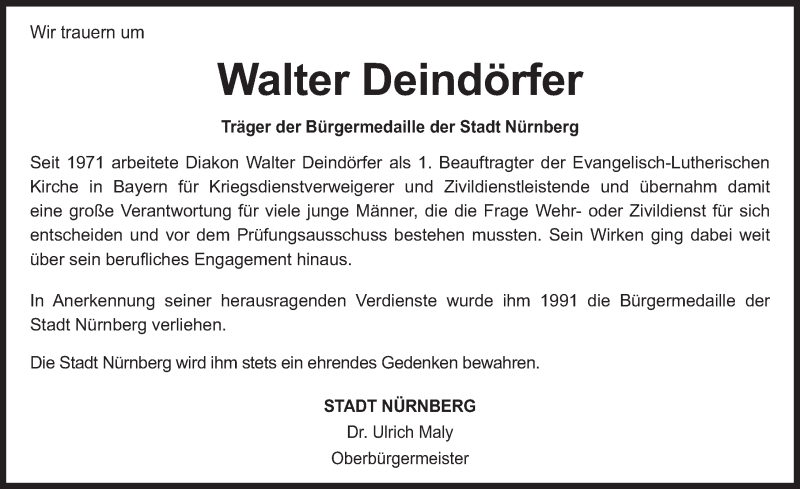  Traueranzeige für Walter Deindörfer vom 15.08.2018 aus Gesamtausgabe Nürnberger Nachrichten/ Nürnberger Ztg.