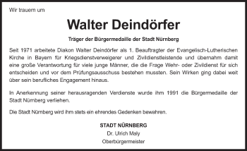 Traueranzeige von Walter Deindörfer von Gesamtausgabe Nürnberger Nachrichten/ Nürnberger Ztg.