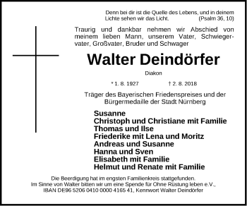 Traueranzeige von Walter Deindörfer von Gesamtausgabe Nürnberger Nachrichten/ Nürnberger Ztg.