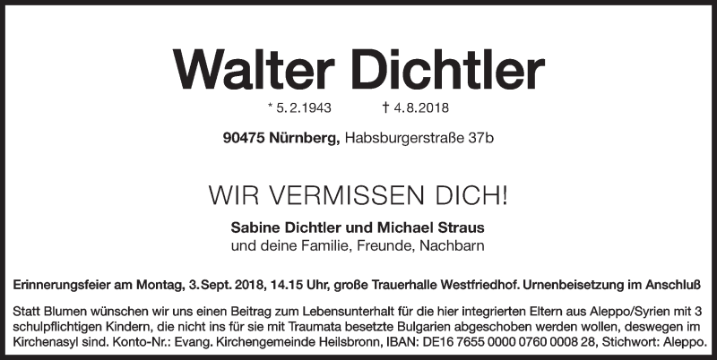  Traueranzeige für Walter Dichtler vom 15.08.2018 aus Gesamtausgabe Nürnberger Nachrichten/ Nürnberger Ztg.