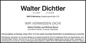 Traueranzeige von Walter Dichtler von Gesamtausgabe Nürnberger Nachrichten/ Nürnberger Ztg.