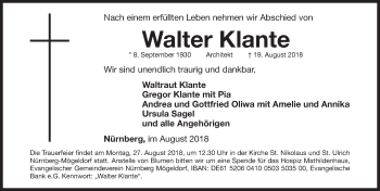 Traueranzeige von Walter Klante von Gesamtausgabe Nürnberger Nachrichten/ Nürnberger Ztg.