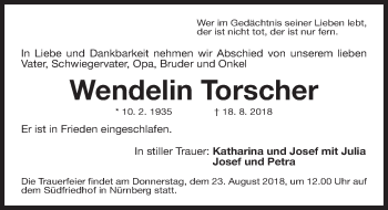 Traueranzeige von Wendelin Torscher von Gesamtausgabe Nürnberger Nachrichten/ Nürnberger Ztg.
