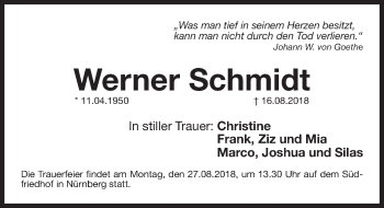 Traueranzeige von Werner Schmidt von Gesamtausgabe Nürnberger Nachrichten/ Nürnberger Ztg.