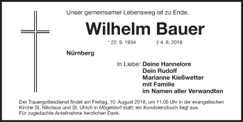 Traueranzeige von Wilhelm Bauer von Gesamtausgabe Nürnberger Nachrichten/ Nürnberger Ztg.