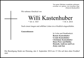 Traueranzeige von Willi Kastenhuber von Altmühl-Bote Lokal
