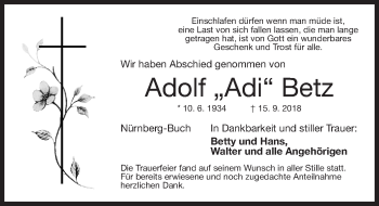 Traueranzeige von Adolf Betz von Gesamtausgabe Nürnberger Nachrichten/ Nürnberger Ztg.