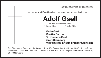 Traueranzeige von Adolf Gsell von Gesamtausgabe Nürnberger Nachrichten/ Nürnberger Ztg.