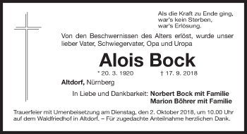 Traueranzeige von Alois Bock von Gesamtausgabe Nürnberger Nachrichten/ Nürnberger Ztg.