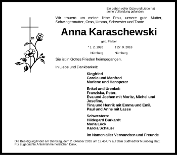 Traueranzeige von Anna Karaschewski von Gesamtausgabe Nürnberger Nachrichten/ Nürnberger Ztg.