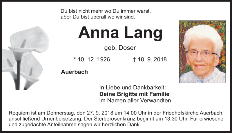  Traueranzeige für Anna Lang vom 22.09.2018 aus Nordbayerische Nachrichten Pegnitz Lokal