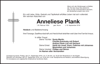 Traueranzeige von Anneliese Plank von Roth-Hilpoltsteiner Volkszeitung Lokal